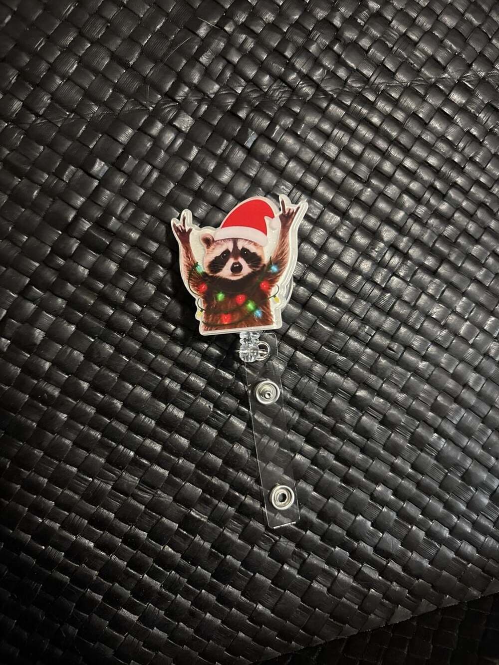 Christmas Raccoon Retractable Badge Reel Santa Hat Lights Rock On Acrylic